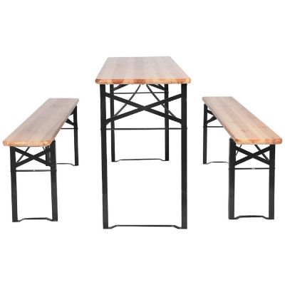 Costway 3 PCS Beer Table Bench Set Folding Wooden Top Picnic Table Patio Garden Image 2