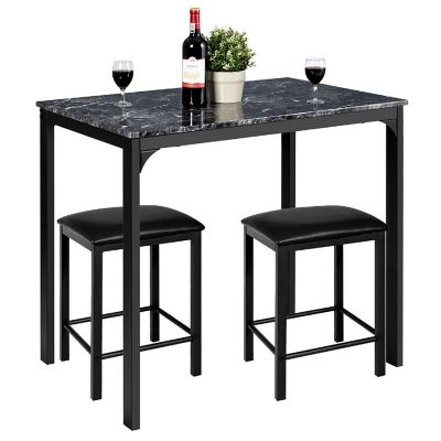 Costway 3 Piece Counter Height Dining Set Faux Marble Table 2 Chairs Kitchen Bar Black Image 1