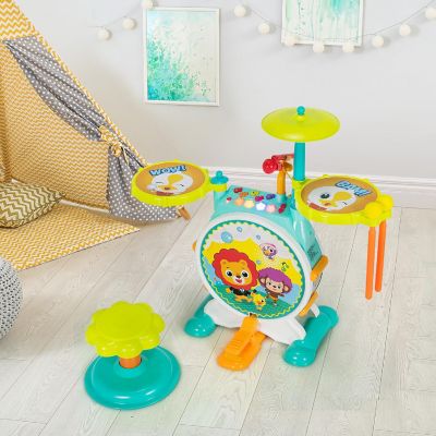 Costway 3-Piece Electric Kids Drum Set Musical Toy Gift w/Microphone Stool Pedal Image 1