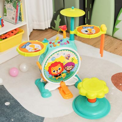 Costway 3-Piece Electric Kids Drum Set Musical Toy Gift w/Microphone Stool Pedal Image 2