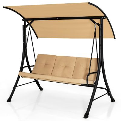 Costway 3-Seat Outdoor Porch Swing Adjustable Canopy Padded Cushions Steel Frame Beige Image 1