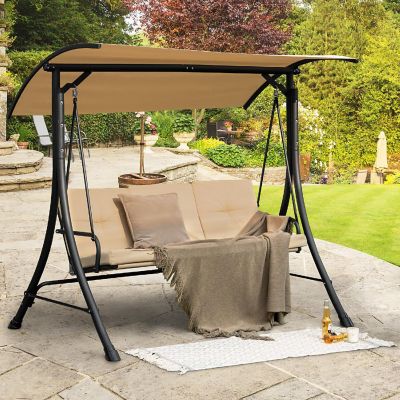 Costway 3-Seat Outdoor Porch Swing Adjustable Canopy Padded Cushions Steel Frame Beige Image 1