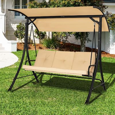 Costway 3-Seat Outdoor Porch Swing Adjustable Canopy Padded Cushions Steel Frame Beige Image 2