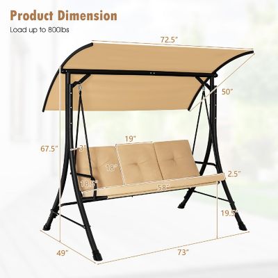 Costway 3-Seat Outdoor Porch Swing Adjustable Canopy Padded Cushions Steel Frame Beige Image 3