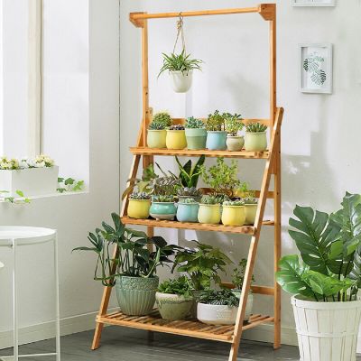 Costway 3 Tier Bamboo Hanging Folding Plant Shelf Stand Flower Pot Display Rack Bookcase Image 1