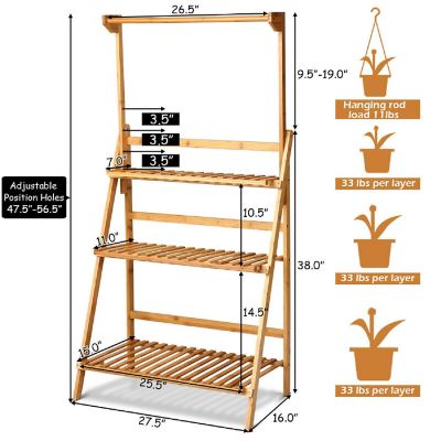 Costway 3 Tier Bamboo Hanging Folding Plant Shelf Stand Flower Pot Display Rack Bookcase Image 2