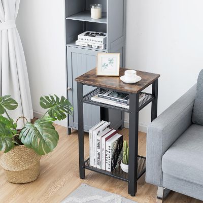 Costway 3-Tier Industrial Tall Nightstand Side End Telephone Table w/ Mesh Shelves Image 2