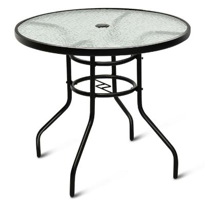 Costway 32'' Patio Round Table Tempered Glass Steel Frame Outdoor Pool Yard Garden Image 1