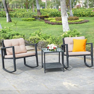 Costway 3PC Patio Rattan Conversation Set Rocking Chair Cushioned Sofa Outdoor Furniture Image 1