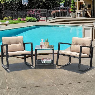 Costway 3PC Patio Rattan Conversation Set Rocking Chair Cushioned Sofa Outdoor Furniture Image 3