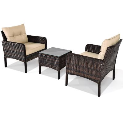 Costway 3PCS Outdoor Rattan Conversation Set Patio Garden Furniture Cushioned Sofa Chair Image 2