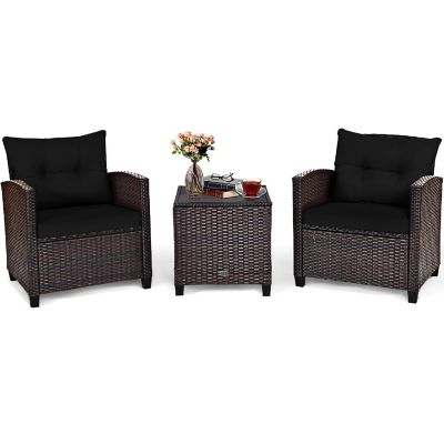 Costway 3PCS Patio Rattan Furniture Set Cushion Conversation Set Sofa Coffee Table Black Image 1