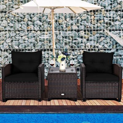 Costway 3PCS Patio Rattan Furniture Set Cushion Conversation Set Sofa Coffee Table Black Image 1