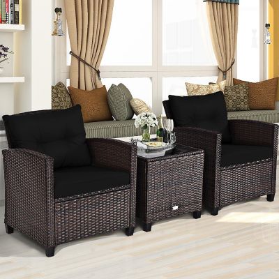 Costway 3PCS Patio Rattan Furniture Set Cushion Conversation Set Sofa Coffee Table Black Image 2