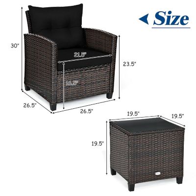 Costway 3PCS Patio Rattan Furniture Set Cushion Conversation Set Sofa Coffee Table Black Image 3