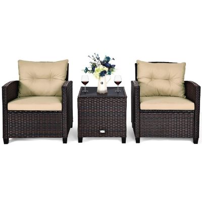 Costway 3PCS Patio Rattan Furniture Set Cushioned Conversation Set Sofa Coffee Table Beige Image 1