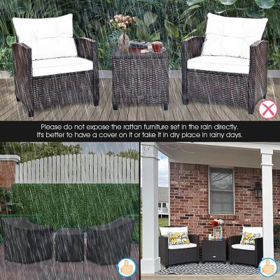 Costway 3PCS Patio Rattan Furniture Set Cushioned Conversation Set Sofa Coffee Table Beige Image 2