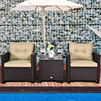 Costway 3PCS Patio Rattan Furniture Set Cushioned Conversation Set Sofa Coffee Table Beige Image 3