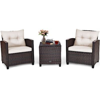 Costway 3PCS Patio Rattan Furniture Set Cushioned Sofa Coffee Table Garden off White Image 1