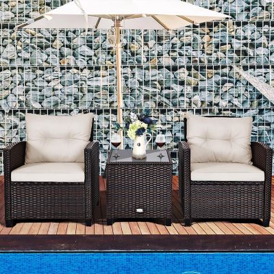 Costway 3PCS Patio Rattan Furniture Set Cushioned Sofa Coffee Table Garden off White Image 1