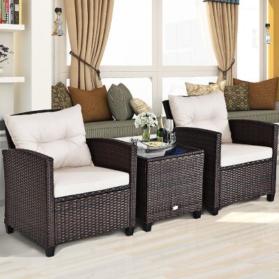 Costway 3PCS Patio Rattan Furniture Set Cushioned Sofa Coffee Table Garden off White Image 2