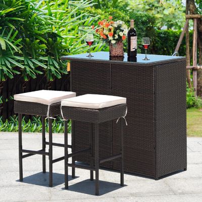 Costway 3PCS Patio Rattan Wicker Bar Table Stools Dining Set Cushioned Chairs Garden Image 2