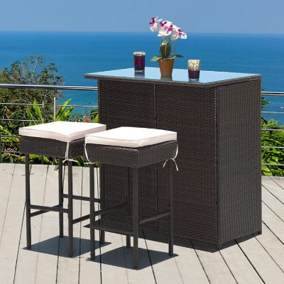 Costway 3PCS Patio Rattan Wicker Bar Table Stools Dining Set Cushioned Chairs Garden Image 3