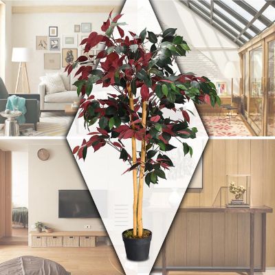 Costway 4' Artificial Capensia Bush Red/Green Leaves Indoor Outdoor for Home Decor Image 3