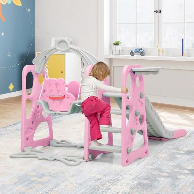 Costway 4-in-1 Kids Play Climber Playset w/ Basketball Hoop & Ball Pink Image 1