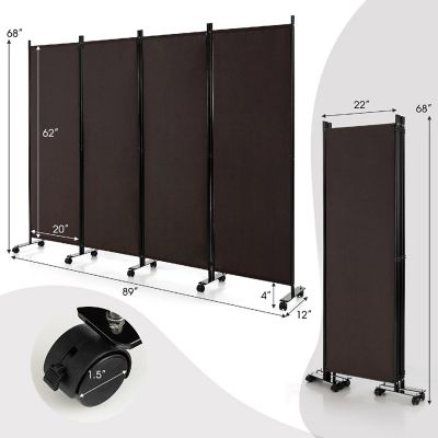 Costway 4-Panel Folding Room Divider 6FT Rolling Privacy Screen with Lockable Wheels Brown Image 2