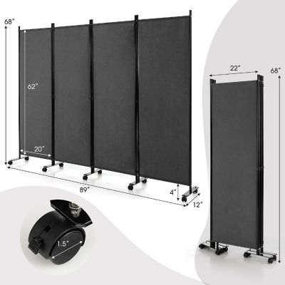 Costway 4-Panel Folding Room Divider 6FT Rolling Privacy Screen with Lockable Wheels Grey Image 2