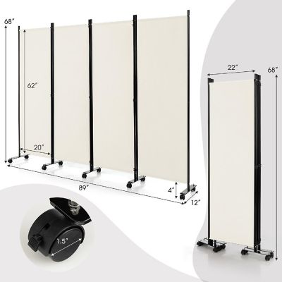 Costway 4-Panel Folding Room Divider 6FT Rolling Privacy Screen with Lockable Wheels White Image 2