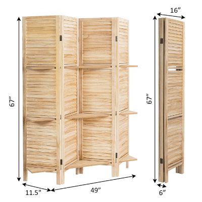 Costway 4 Panel Folding Room Divider Screen W/3 Display Shelves 5.6 Ft Tall Natural Image 1