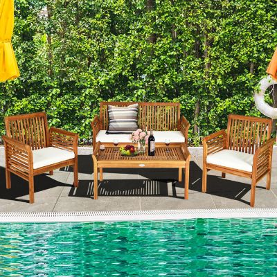 Costway 4 PCS Outdoor Acacia Wood Sofa Furniture Set Cushioned Chair Coffee Table Garden Image 2