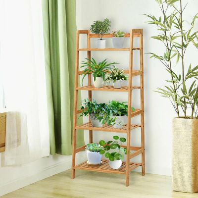 Costway 4-Tier Bamboo Ladder Shelf Multipurpose Plant Display Stand Storage Bookshelf Image 2