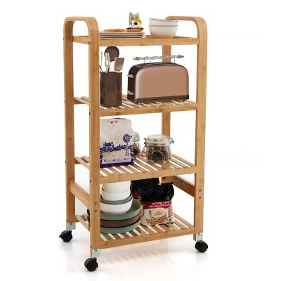 Costway 4-Tier Kitchen Serving Trolley Cart Mobile Bamboo Storage Shelf Lockable Casters Image 1