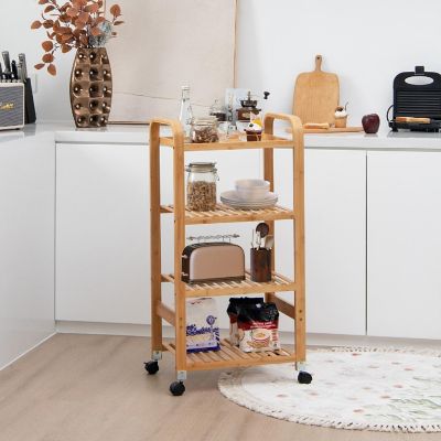 Costway 4-Tier Kitchen Serving Trolley Cart Mobile Bamboo Storage Shelf Lockable Casters Image 2