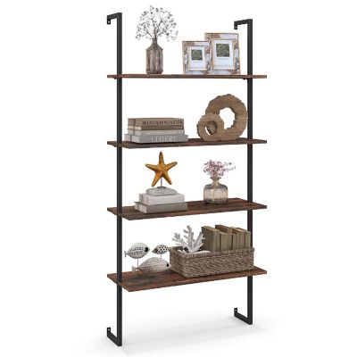 Costway 4-Tier Ladder Shelf Bookshelf Industrial Wall Shelf w/Metal Frame Rustic Brown Image 1