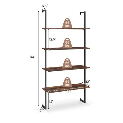 Costway 4-Tier Ladder Shelf Bookshelf Industrial Wall Shelf w/Metal Frame Rustic Brown Image 2