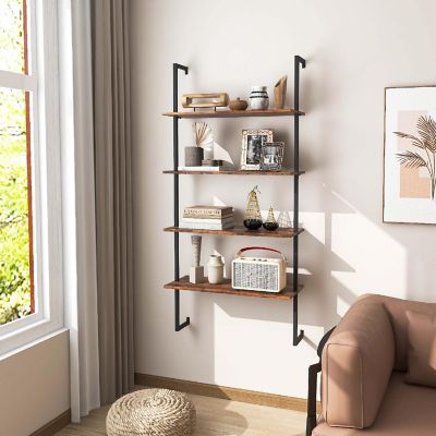 Costway 4-Tier Ladder Shelf Bookshelf Industrial Wall Shelf w/Metal Frame Rustic Brown Image 3