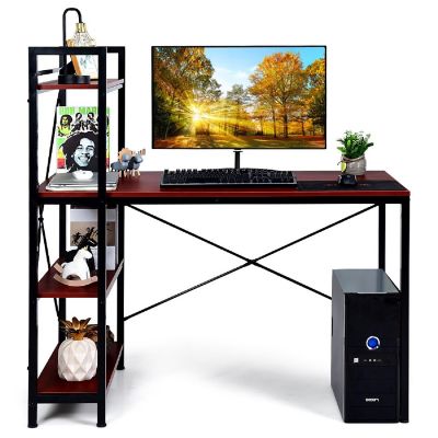 Costway 47.5'' Compact Computer Desk With 4-Tier Storage Bookshelves for Home Office Brown Image 2