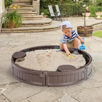 Costway 4F Wooden Sandbox w/Built-in Corner Seat, Cover, Bottom Liner for Outdoor Play Image 1