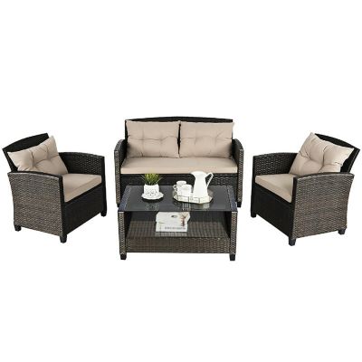 Costway 4PCS Outdoor Rattan Furniture Set Cushioned Sofa Armrest Chair Lower Shelf Brown Image 1