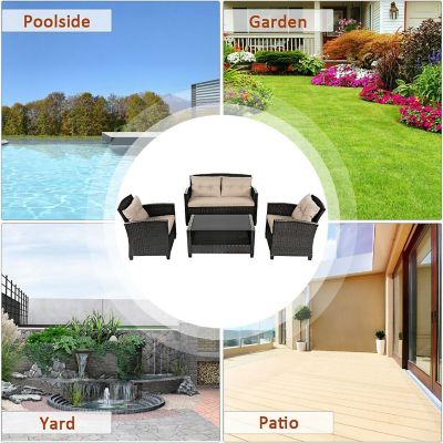 Costway 4PCS Outdoor Rattan Furniture Set Cushioned Sofa Armrest Chair Lower Shelf Brown Image 3