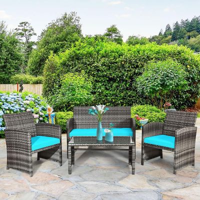 Costway 4PCS Patio Rattan Furniture Set Conversation Glass Table Top Cushioned Image 1
