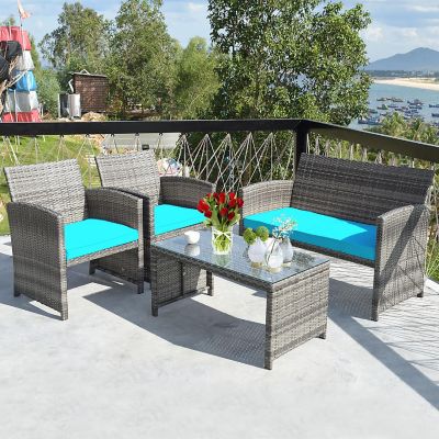 Costway 4PCS Patio Rattan Furniture Set Conversation Glass Table Top Cushioned Image 2