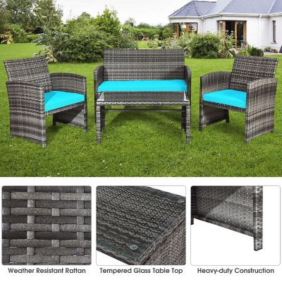Costway 4PCS Patio Rattan Furniture Set Conversation Glass Table Top Cushioned Image 3