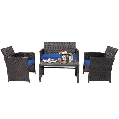 Costway 4PCS Patio Rattan Furniture Set Cushioned Chair Sofa Coffee Table Navy Image 1