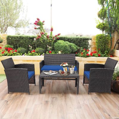 Costway 4PCS Patio Rattan Furniture Set Cushioned Chair Sofa Coffee Table Navy Image 1