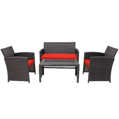 Costway 4PCS Patio Rattan Furniture Set Cushioned Chair Sofa Coffee Table Red Image 1